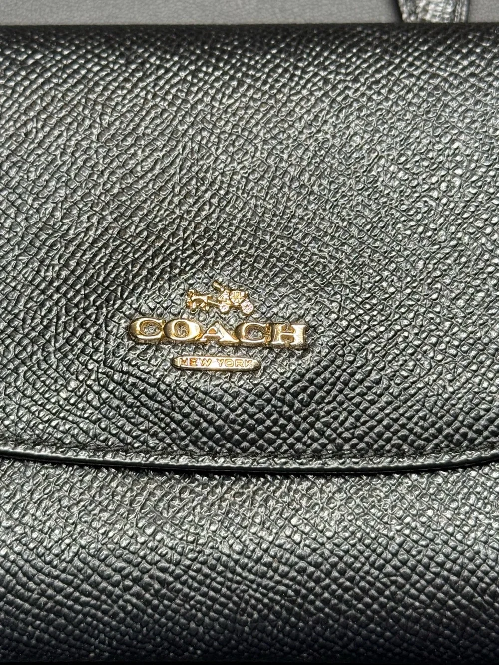 Coach Black Pebbled Leather Compact Wallet with Gold Logo